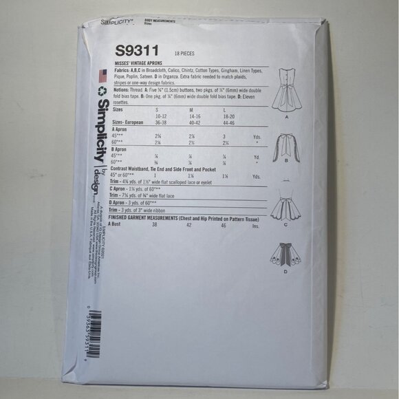 Simplicity S9311 1950s Vintage Full & Half Apron Reprint Sewing Pattern S-L FF - Picture 3 of 6